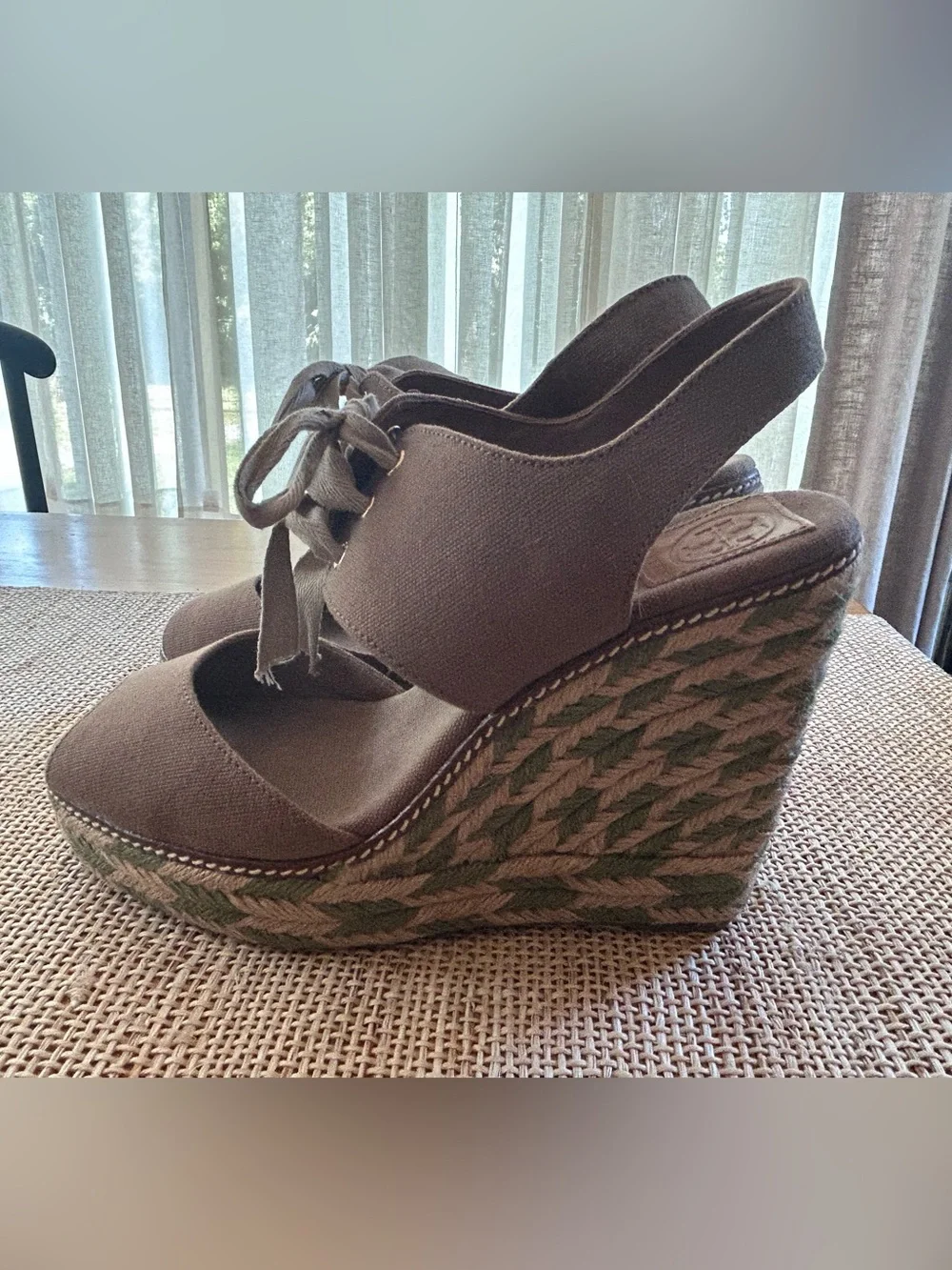 Tory Burch Wedge Sandals w/Brown Canvas,Peep Toe,Slingback & LaceUp Detail. 11
